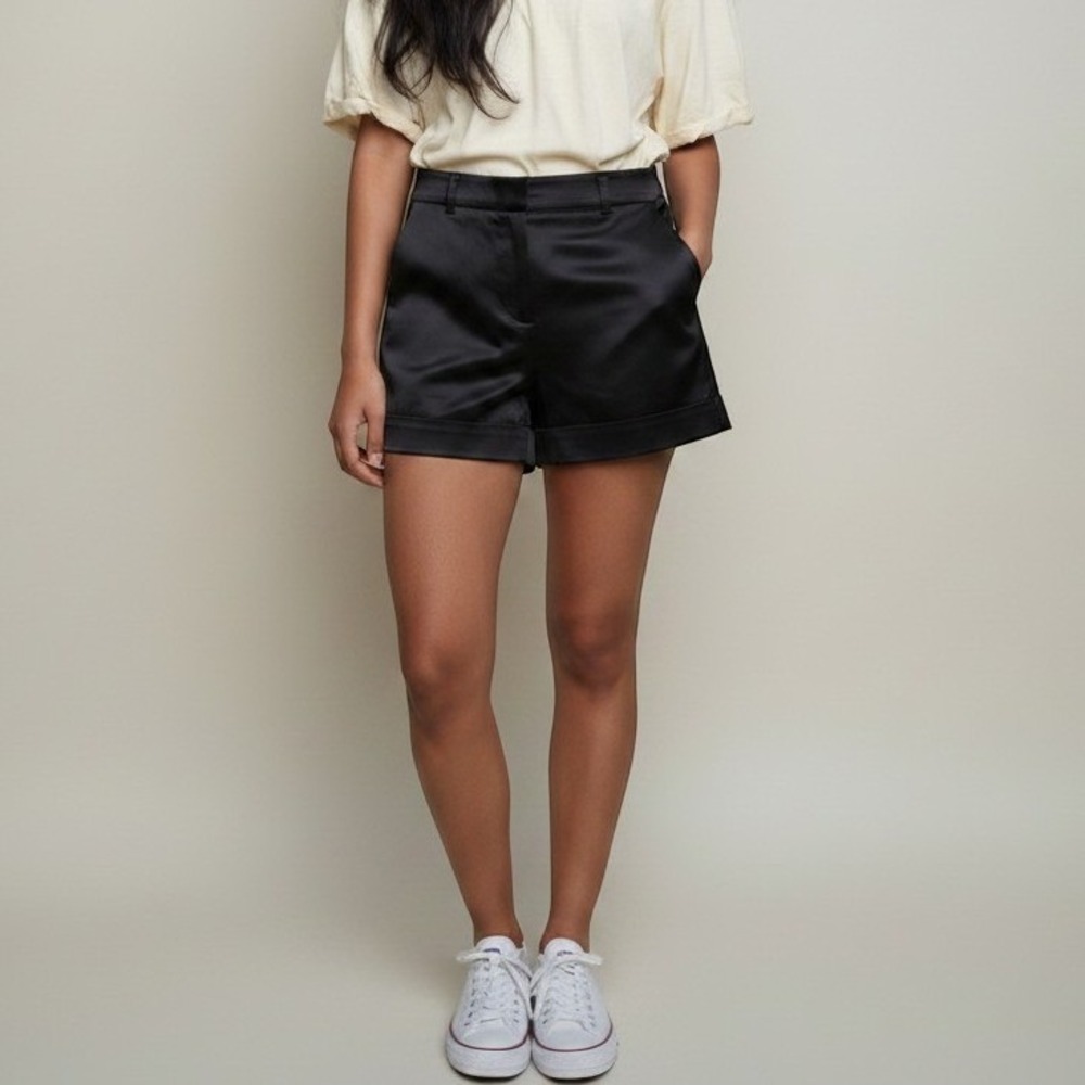 Express Womens Black Shorts Cuffed Chino Mid Rise Cotton Pockets Stretch Size 2‎